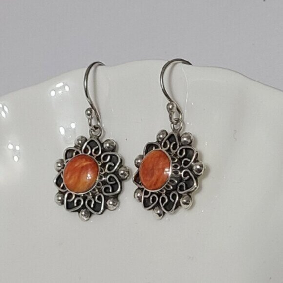 Vintage Sterling Silver Boho Moroccan Orange Sunstone Flower Drop Dangle Earring - Picture 4 of 8